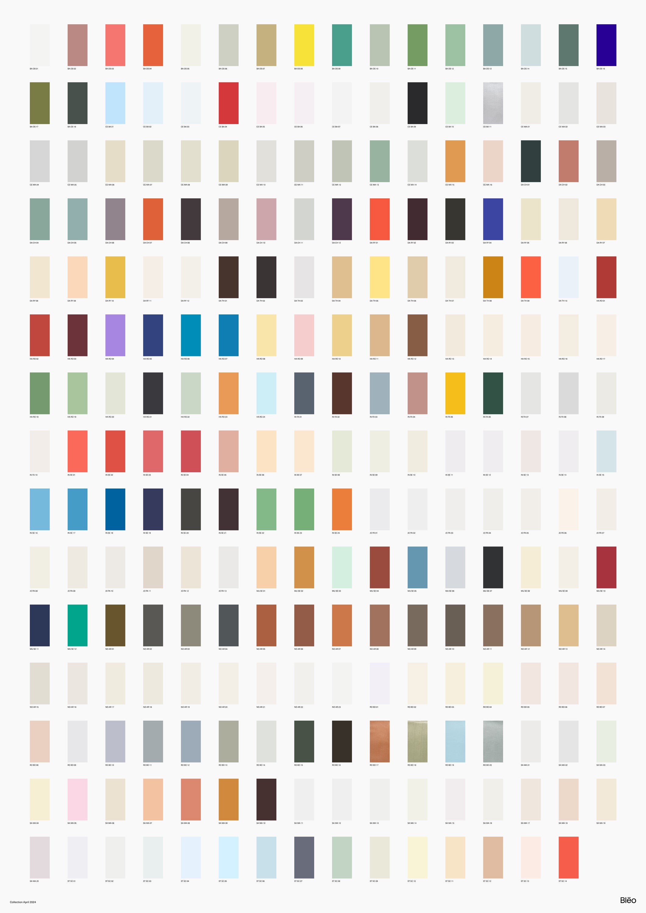 Bleō’s full paint collection. 239 colours compiled into 15 distinctive palettes.